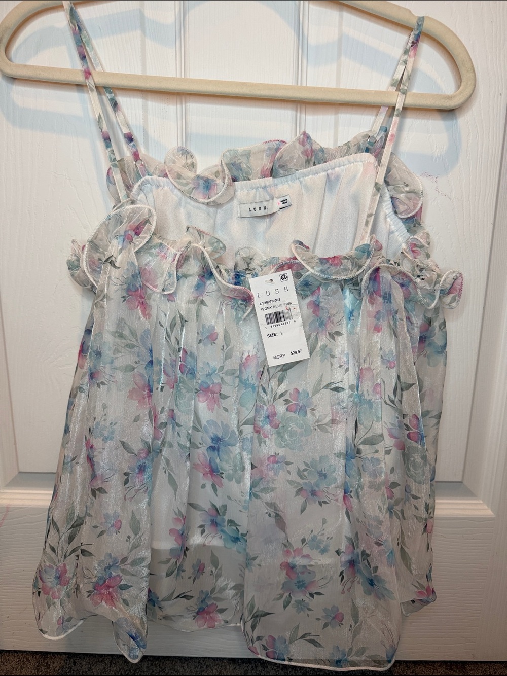 Lush White Sheer Floral Ruffle Camisole with Pink & Blue Flowers
